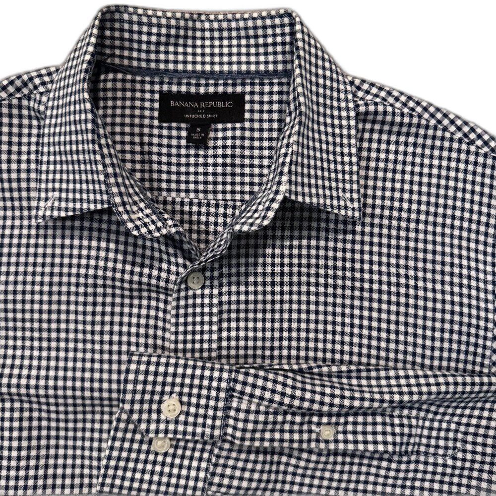 Banana Republic Men’s Small Untucked Shirt Blue White Gingham 100% Cotton
